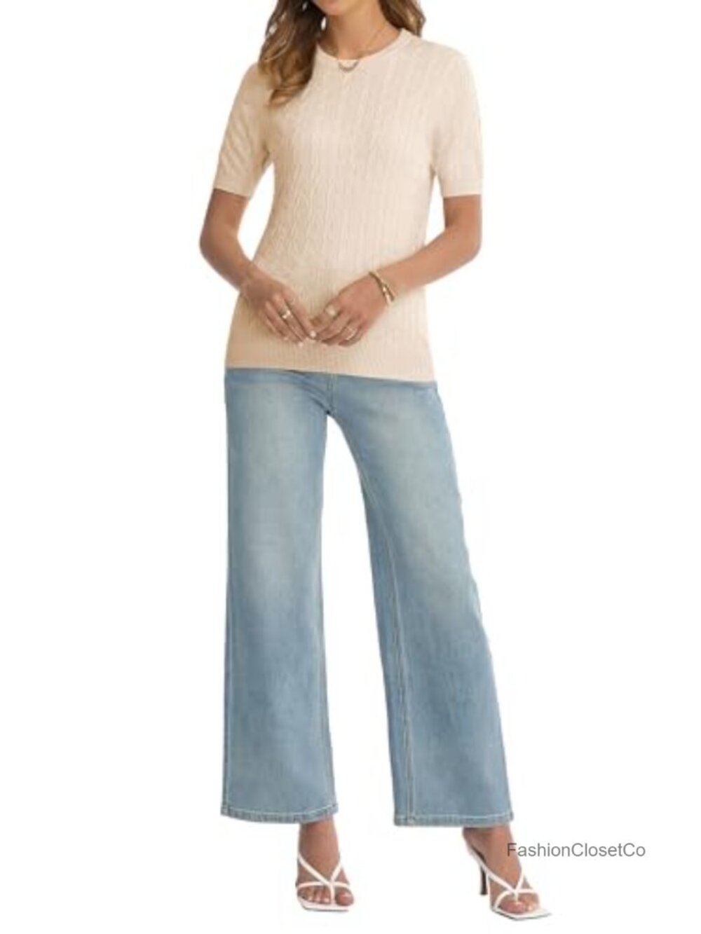 Women's Cable Knit Short Sleeve Crew Neck Sweater Viscose Blend - Picture 3 of 6